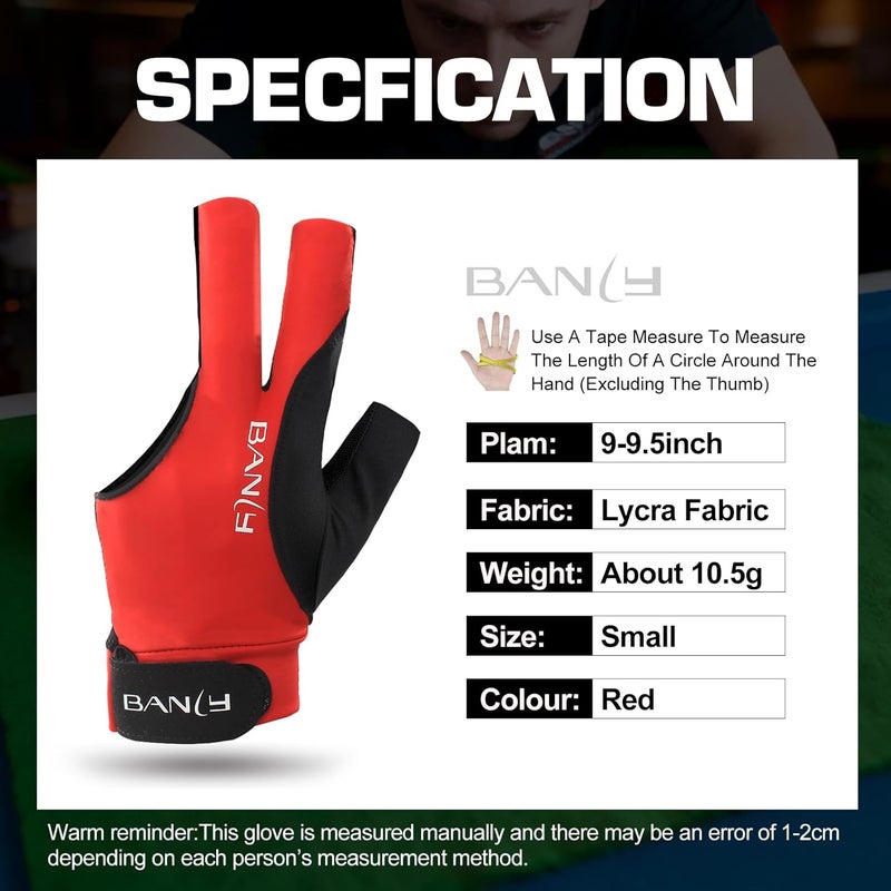 Banly Billiard Pool Gloves Fits on Left Hand 3 Finger, Small Snooker Cue Sport Glove, Billiards Players Sporty Compact Pull On Half Finger Billiard Glove - Image 5